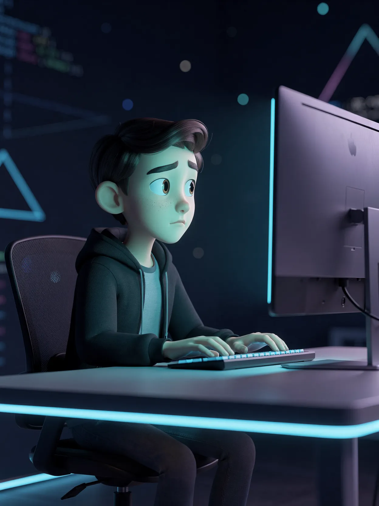 A solo builder slumped at a dark desk, staring at code on screen with an overwhelmed expression — the thinking-amplification gap visualized.