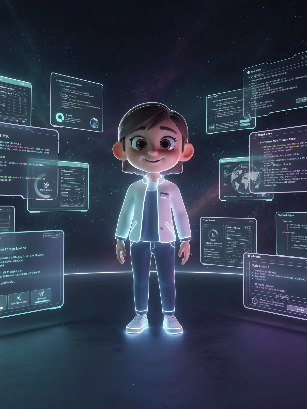 The same builder standing among floating context panels — code, diagrams, a globe — arranged around them as a structured environment.