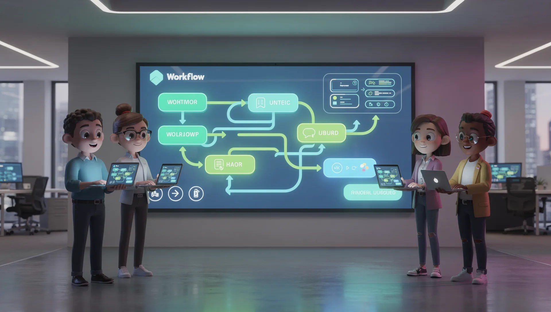A team gathered around a large screen showing a workflow diagram with connected nodes — visualizing the AX-native pattern where humans collaborate around the workflow itself, not the tools.