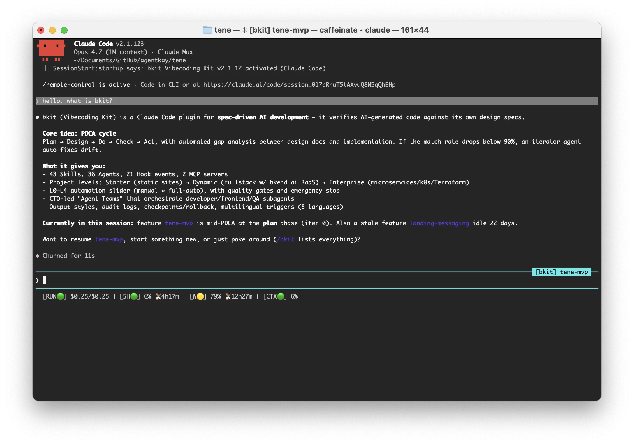 bkit running inside Claude Code with PDCA badge in the response header