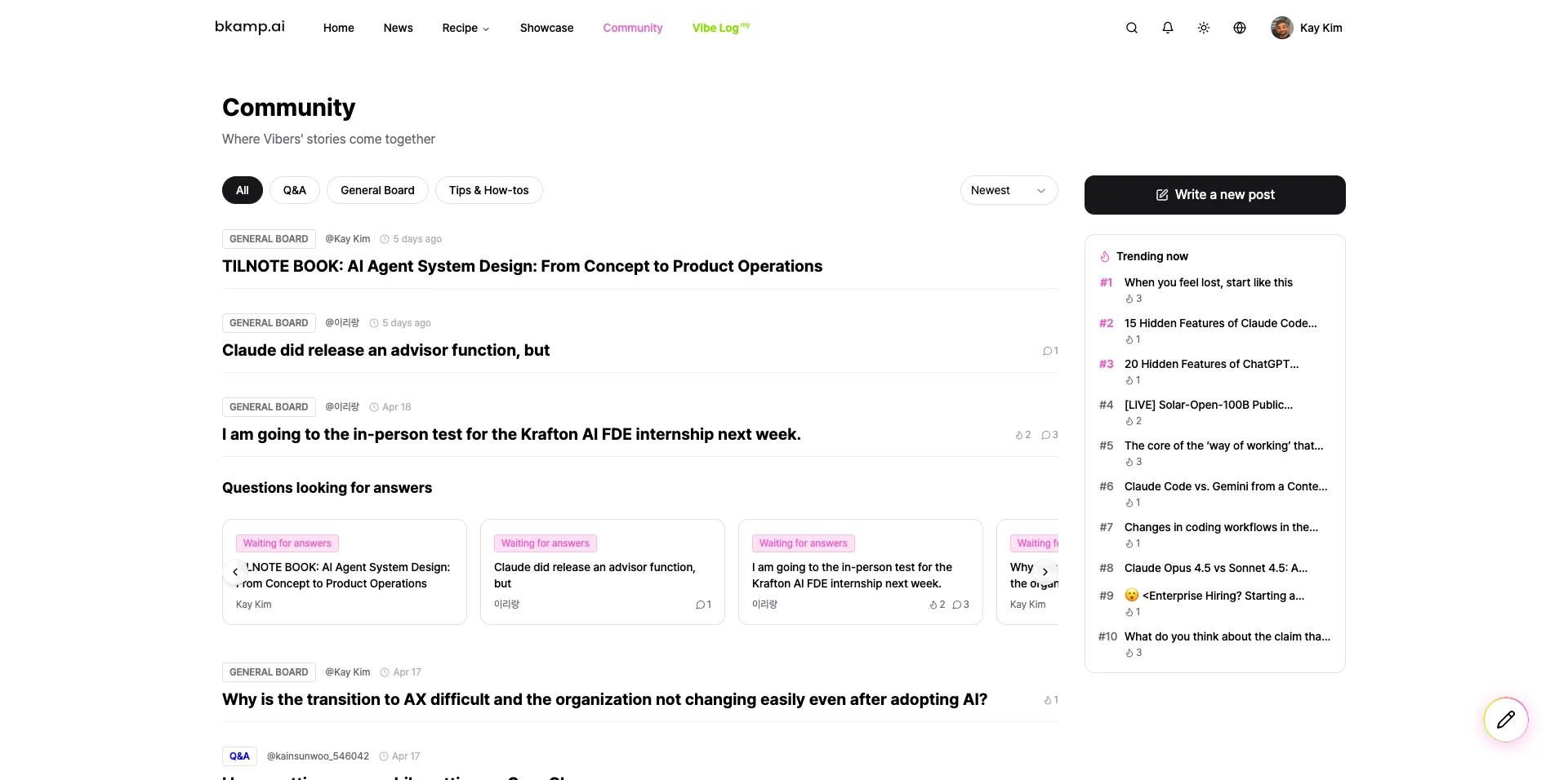 bkamp community feed showing user-generated posts and engagement