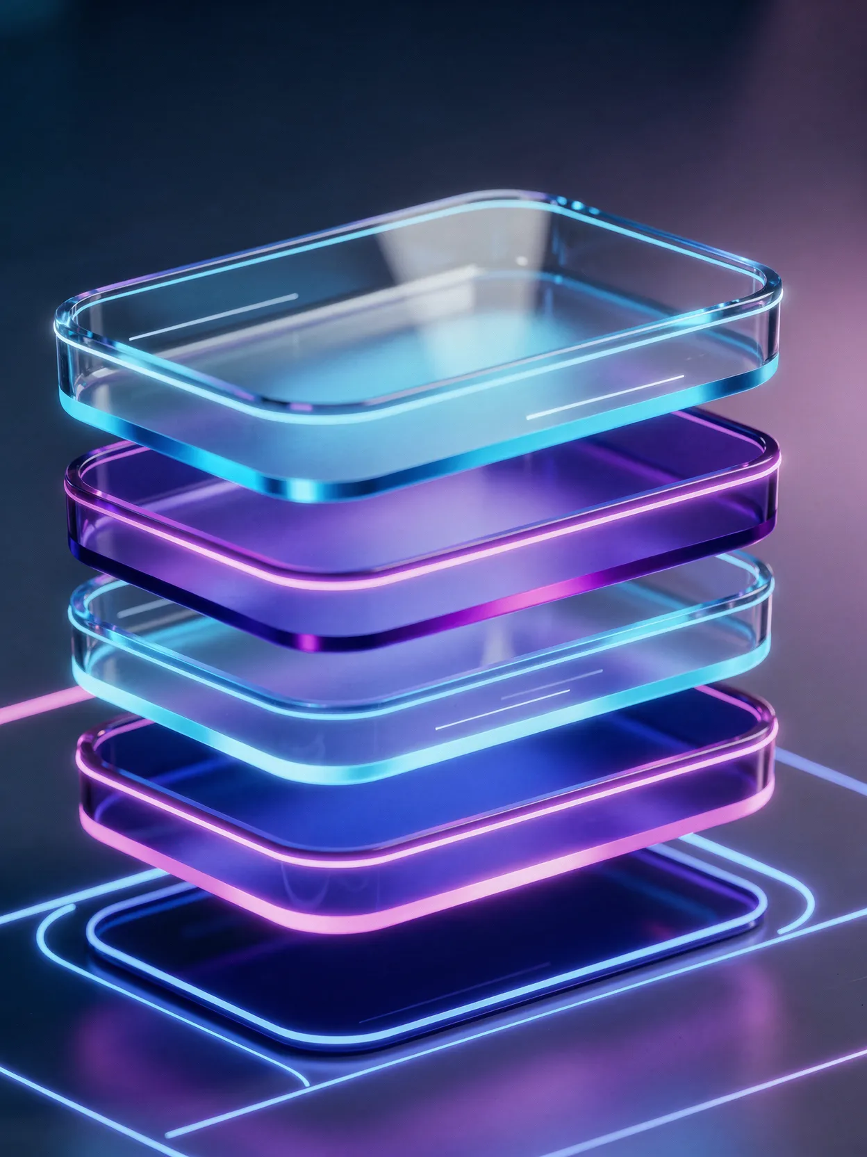 Five stacked translucent rectangular layers glowing in blue, purple, and pink, illustrating how bkit's sprint container sits above the PDCA loop with four code layers in between.
