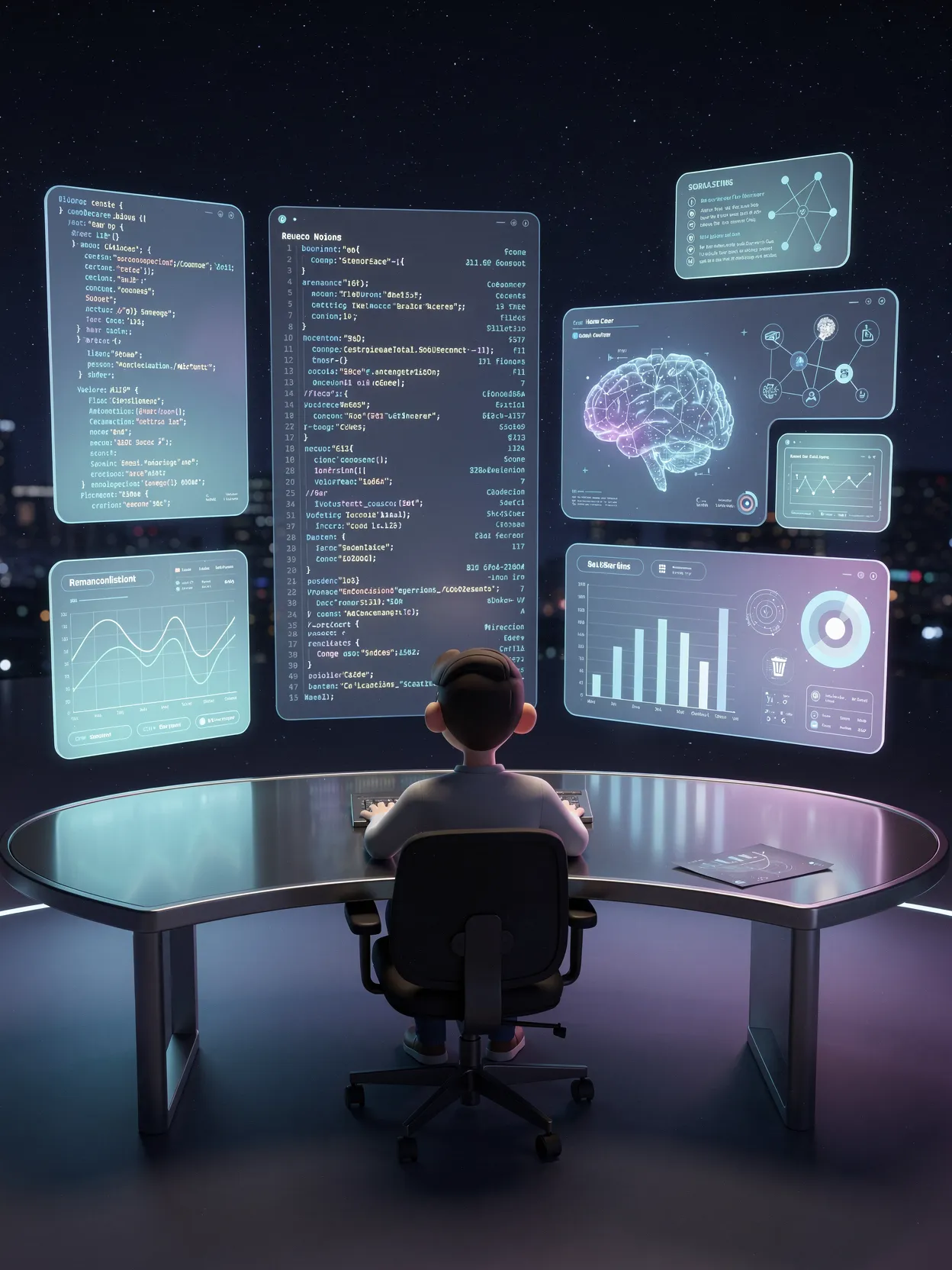 A solo founder seated at a curved desk faces a wall of holographic panels — code editors, an AI brain visualization, and analytics charts — running in parallel like a control-room operator.
