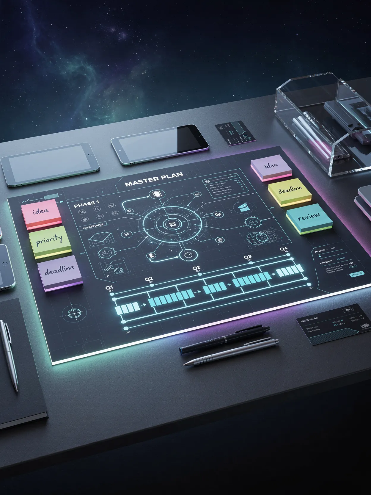 A top-down view of a desk where a glowing holographic Master Plan hovers over the surface — Phase 1 milestones along the top, Q1 through Q4 timeline bars across the middle, and sticky notes labeled idea, priority, deadline, and review around the edges.