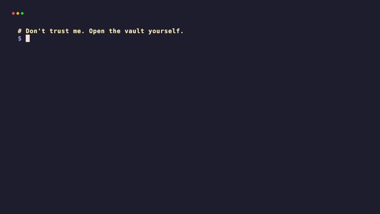Hexdump of .tene/vault.db shows only random-looking bytes. grep for the plaintext secret returns nothing. Only tene get API_KEY returns the value.